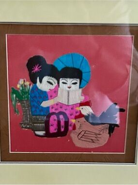 Vintage Framed Embroidered Folk Art
Asian Figures Reading